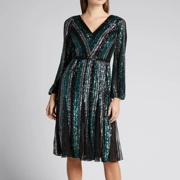 Marchesa Striped Sequin Long Sleeve Cocktail Dress - Green - 4